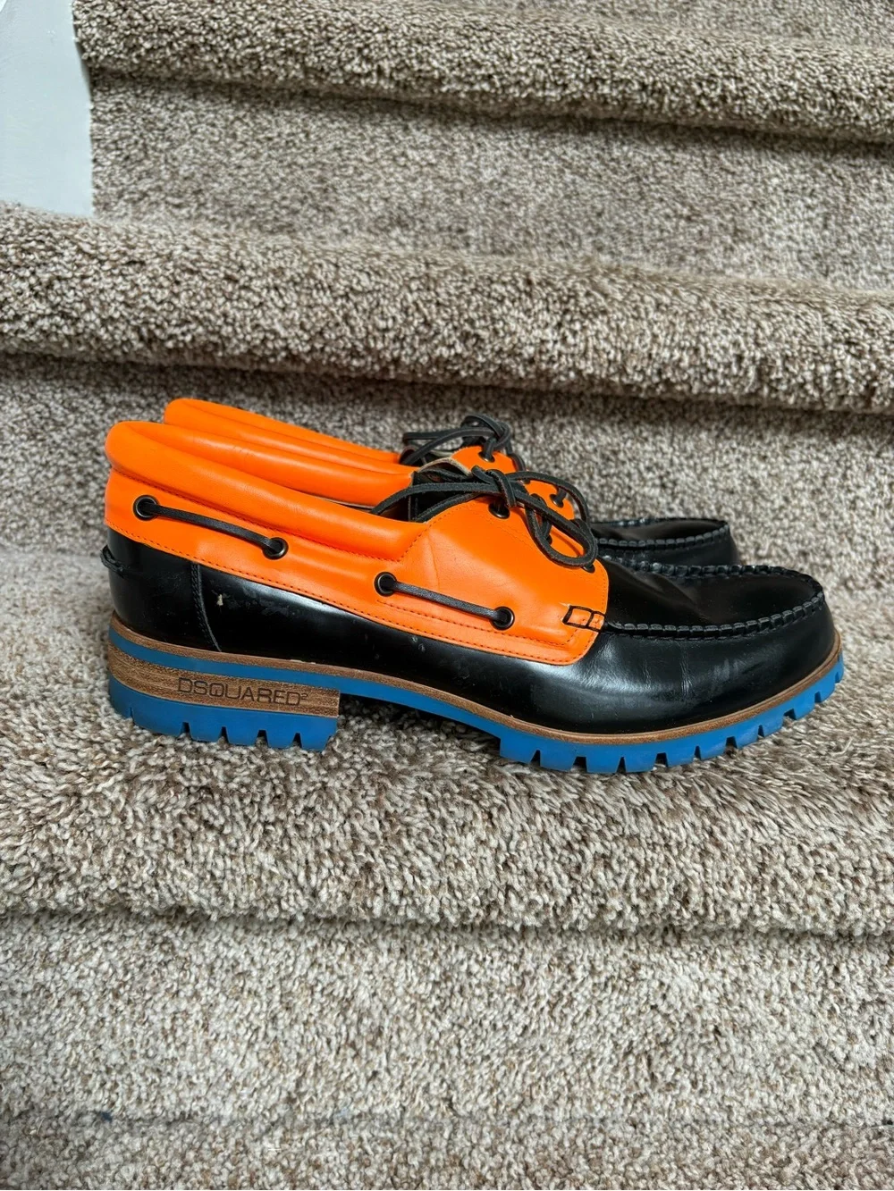 DSQUARED2 Black, Orange and Blue Leather Men’s Boat Shoes